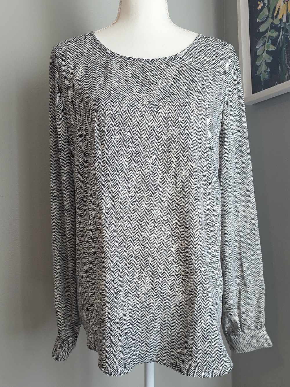 Rose & Olive Black and White Herringbone Long Sleeve Blouse Size XL